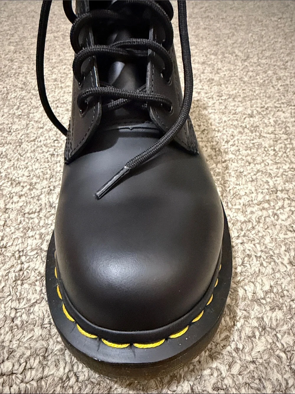 Dr. Martens 1460 Smooth Leather Boots in Black with Yellow Heel Loop
